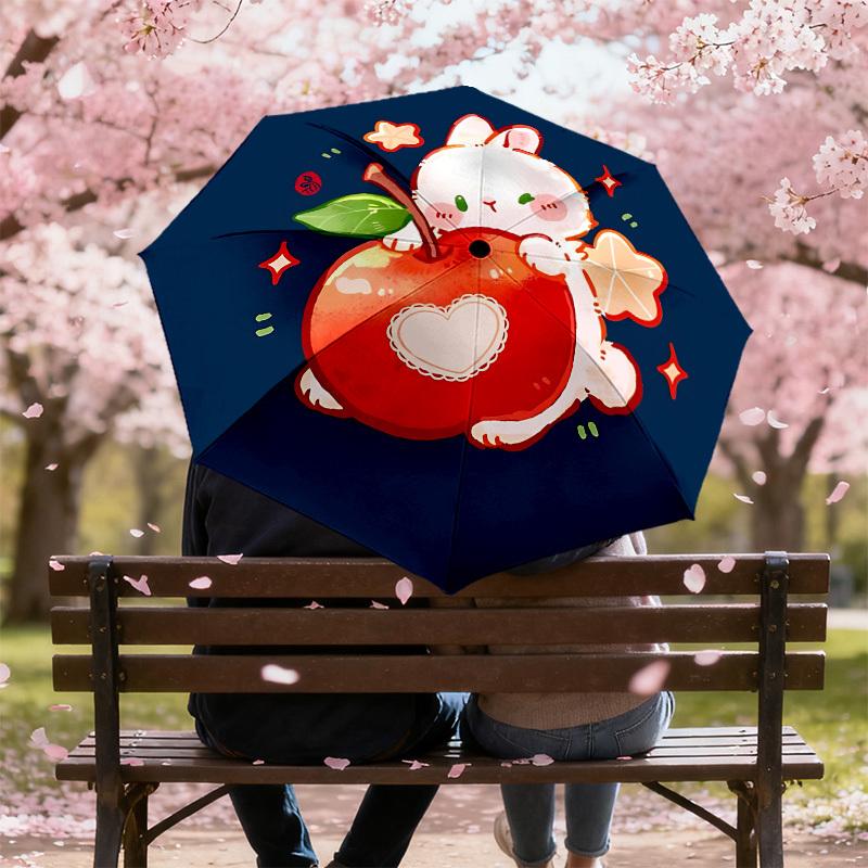 Entzückliches Kaninchen mit Apfel-Regenschirm: Ein perfektes Geschenk für Outdoor-Abenteuer - Automatisches Öffnen und Schließen, Leichtes und Langlebiges Reiseaccessoire 048