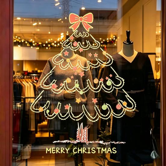 Christmas Store Window Displays Tree Sticker, Simple Line Static Cling Decal, Waterproof Art Removable Festive PVC Decal for Holiday Home Glass Doors
