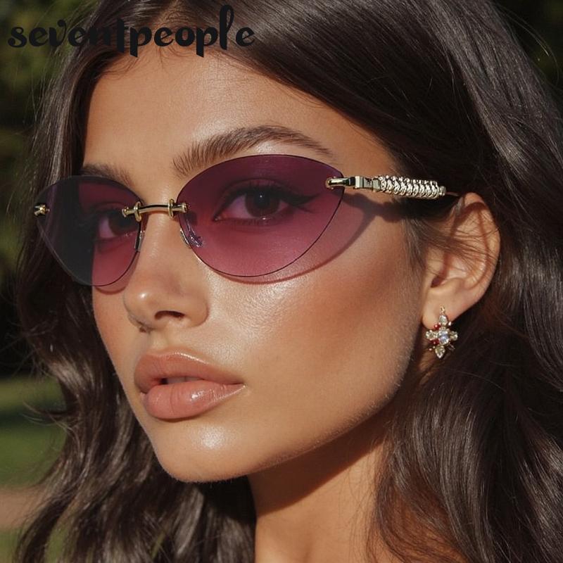 Small Frame Sexy Cat Eye Sunglasses Women  Luxury Brand Trendy Steampunk Rimless Sun Glasses Vintage Metal Punk Shades UV400