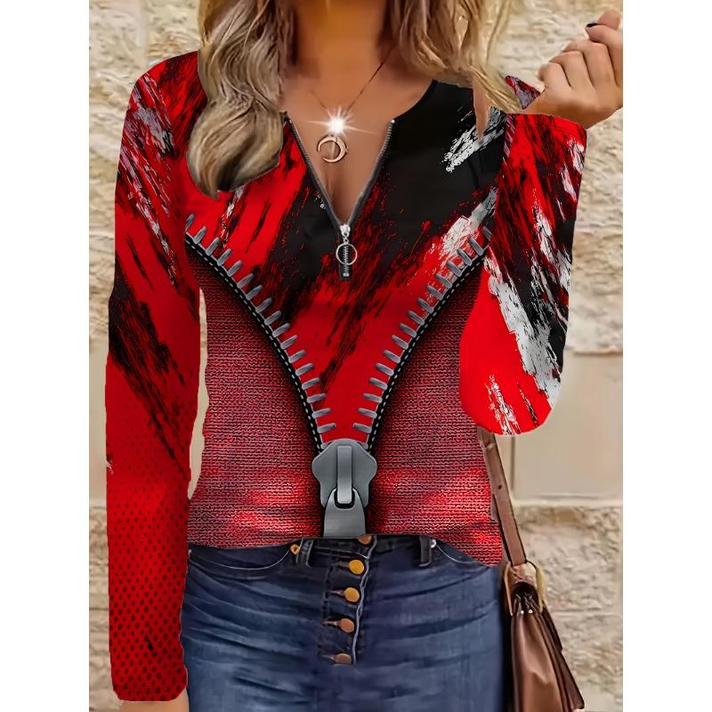 Lässiger und bequemer Stil Malerei gefälschter Reißverschluss und unregelmäßige Textur Elemente bedrucktes Muster Code Damen Rundhals Reißverschluss Langarm