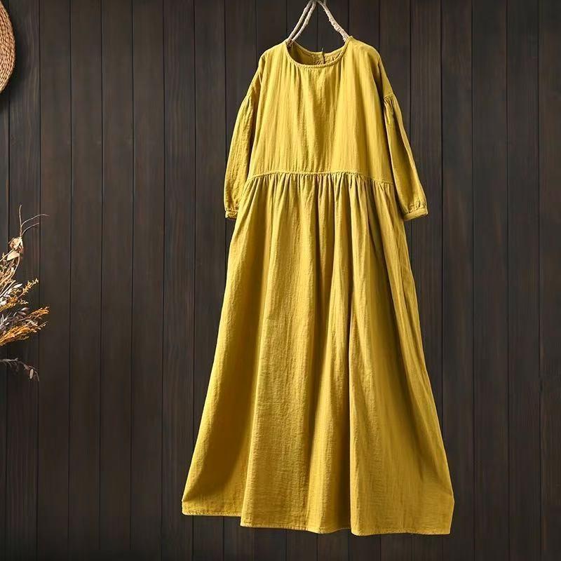 Johnature Women Vintage Dresses O-Neck Half Sleeve Soft Solid Color Summer Casual A-Line Female Dress