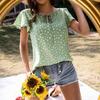 Summer Women's Floral Round Neck Lace-Up Ruffle Sleeve Blouse, Casual European American Style Top