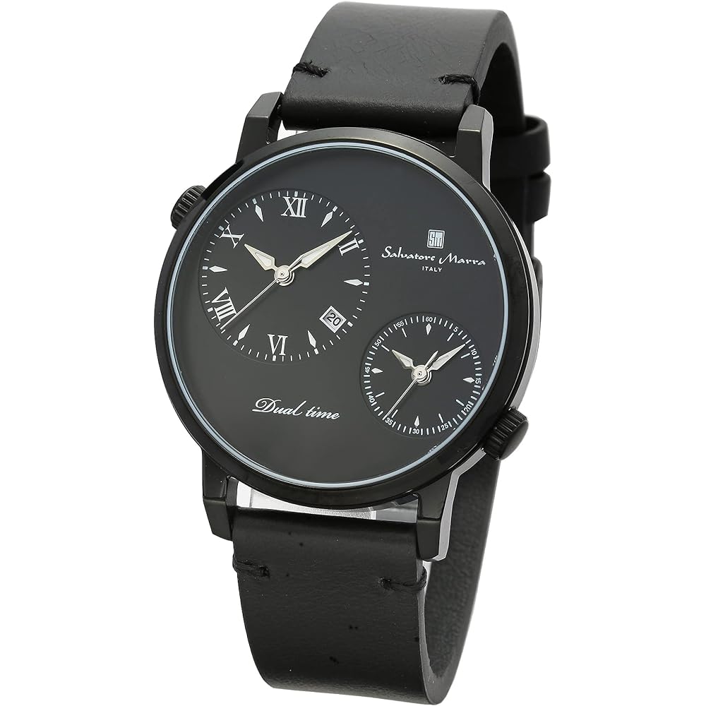 Salvatore Marra Men s Women s Analog Quartz Watch Stainless Steel Black Dual Time Business Casual Leather Strap
