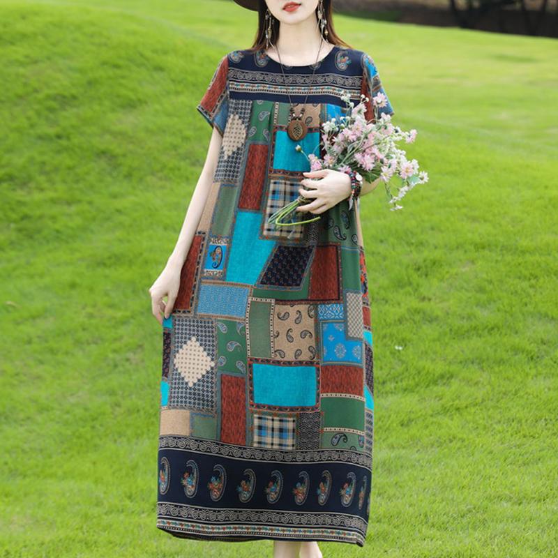 Damen Plus Size Boho-Print Maxikleid, Kurzarm Freizeit-Sonnenkleid (XL-5XL)