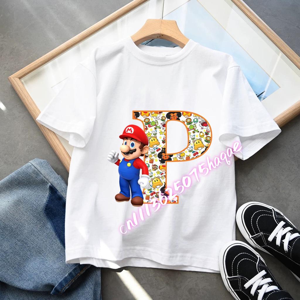 2026 Super Mario Boys and Girls Cartoon letter AZ Printed Birthday Clothing Childrens Fashion Short Sleeve Role Playing Top