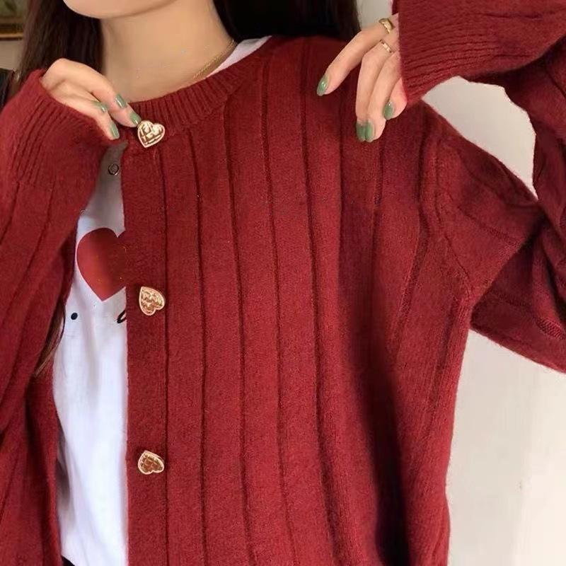 

Spring Autumn Winter Women s Knit Cardigan: Loose Outer-Wear Gentle Style Sweater Coat Top One Size красный