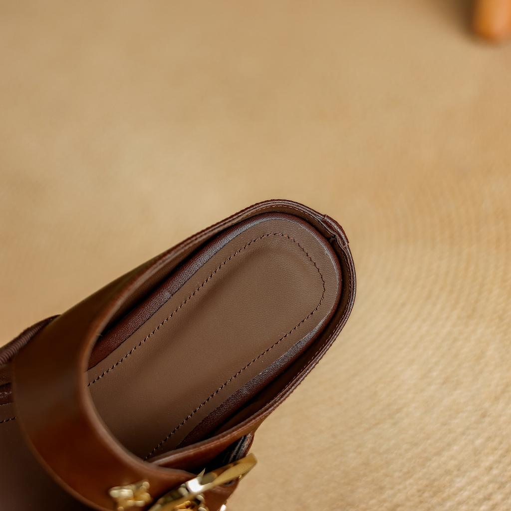 Fashion Women's new leather cowhide round head metal belt buckle with raised middle heel and toe cover, Mueller slippers