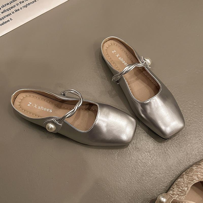 

French gentle half slippers flat shoes women s bag head one pedal soft sole silver Mary Jane women s shoes temperament one word 35 серебряный