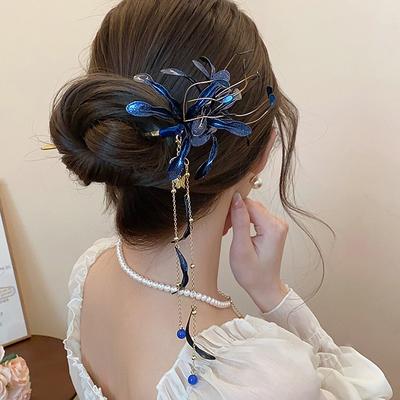 Chinese Style Spider Lily Flower Hair Sticks For Women Dripping Oil Tassel Hairpin Vintage Hanfu Chopsticks Hair Accessories