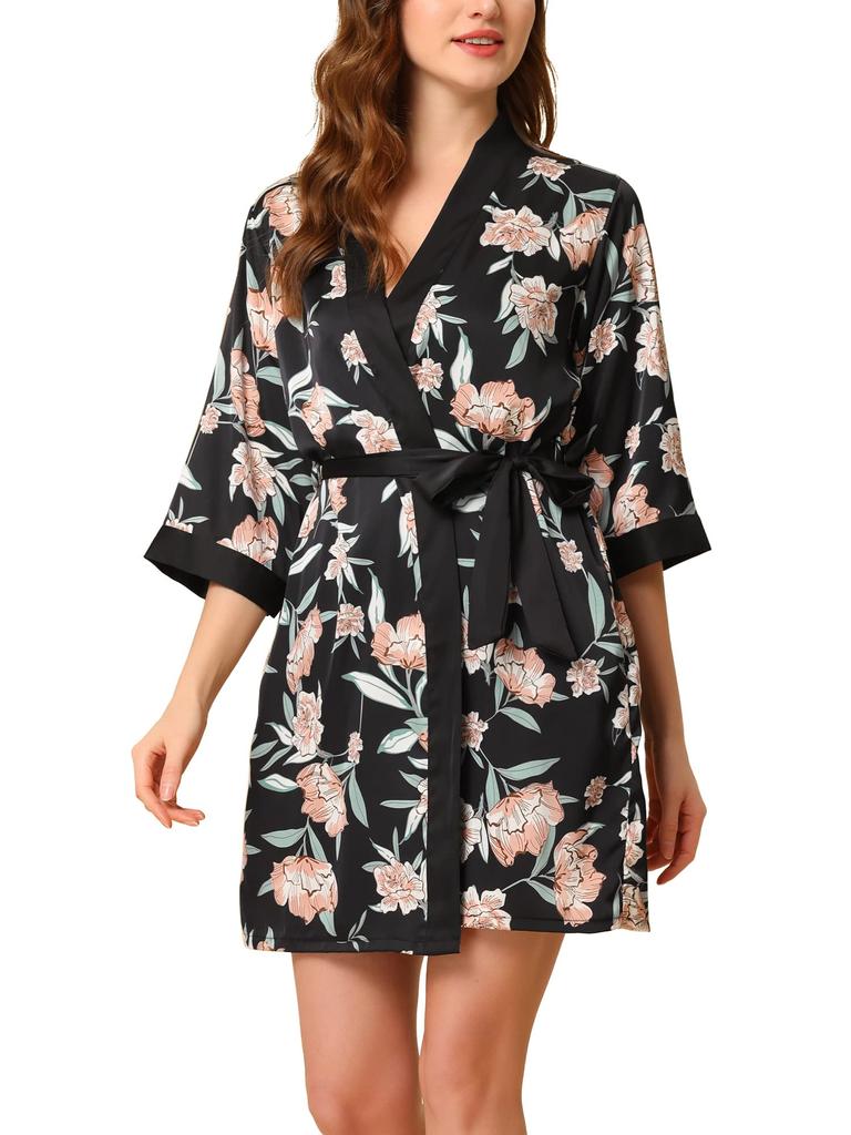 Cheibear Pajama Silk Cami Floral Satin Size S Women's Set, Robe, Top, Nightdress, Print, Set, Black,