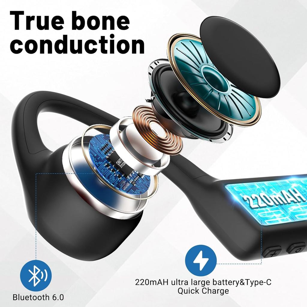2025 New Bluetooth 6.0 Bone Conduction Headphones, Open-Ear Design, Sweatproof & Waterproof, HD Stereo Sound, 10Hrs Playtime, Lightweight for