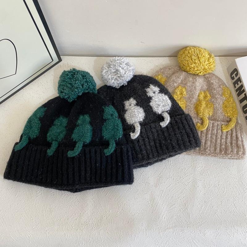 JYL TS DIY Cat Beanie Unisex Autumn Winter Color Block Pom-pom Warm Hat Acrylic