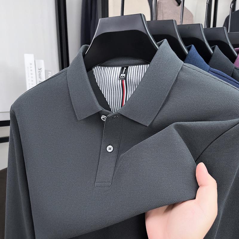 Men's 2026 Spring Breathable Cotton Long-Sleeve Polo Shirt with Side Slits