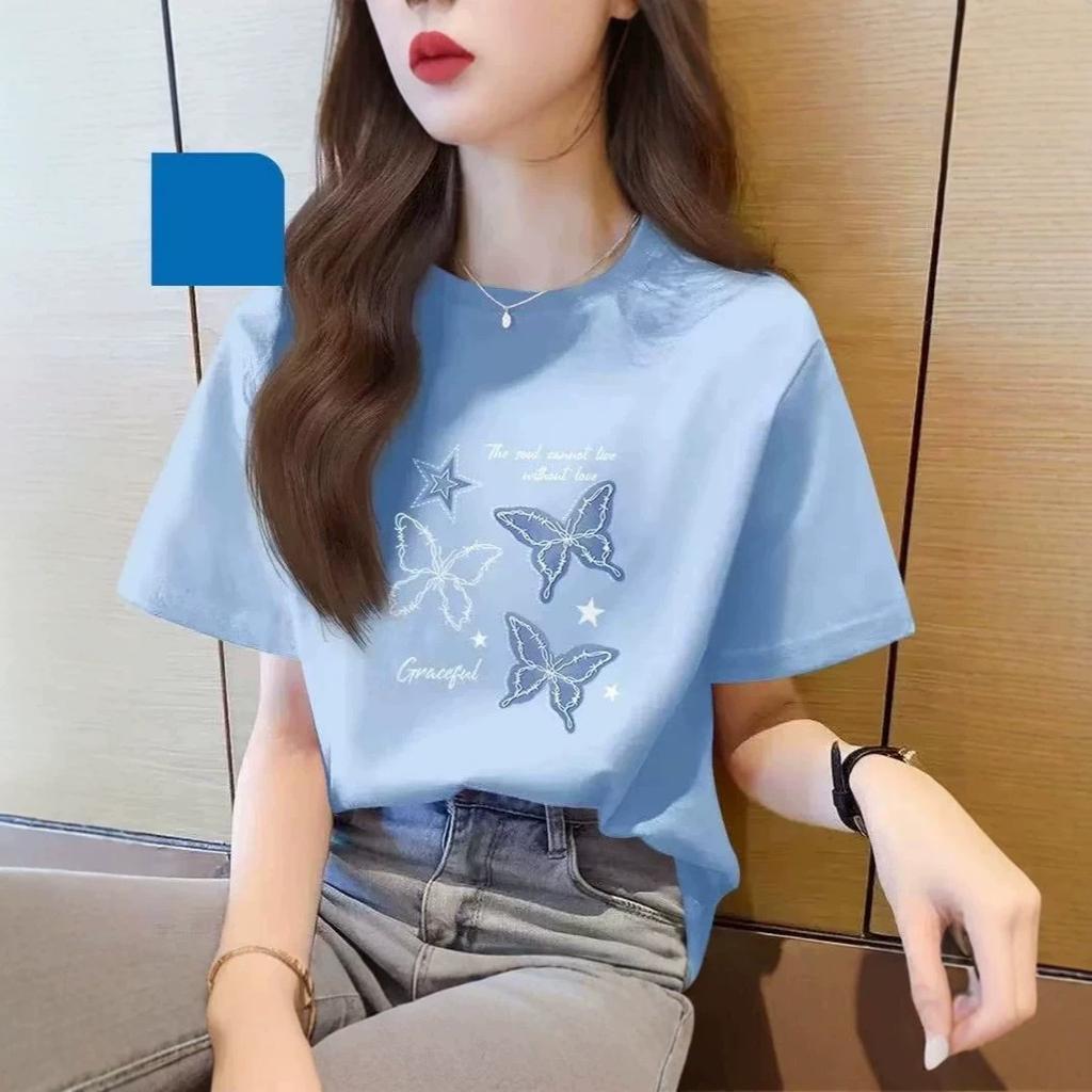 Women's Loose Fit Short Sleeve Crew Neck Tee Butterfly Letter Print Cotton Casual Basic Summer Daily Wear Streetwear Top