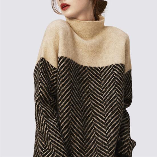 Suéter de mujer de cuello medio alto, manga larga, con bloques de color, corte holgado, tejido de punto, suéter grueso y cálido para otoño e invierno