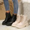 Pu Leather Warm Motorcycle Boots Women Lace-Up Plush Winter Ankle Boots Woman Balck Beige Flat Heel Non-Slip Cotton Botas Mujer