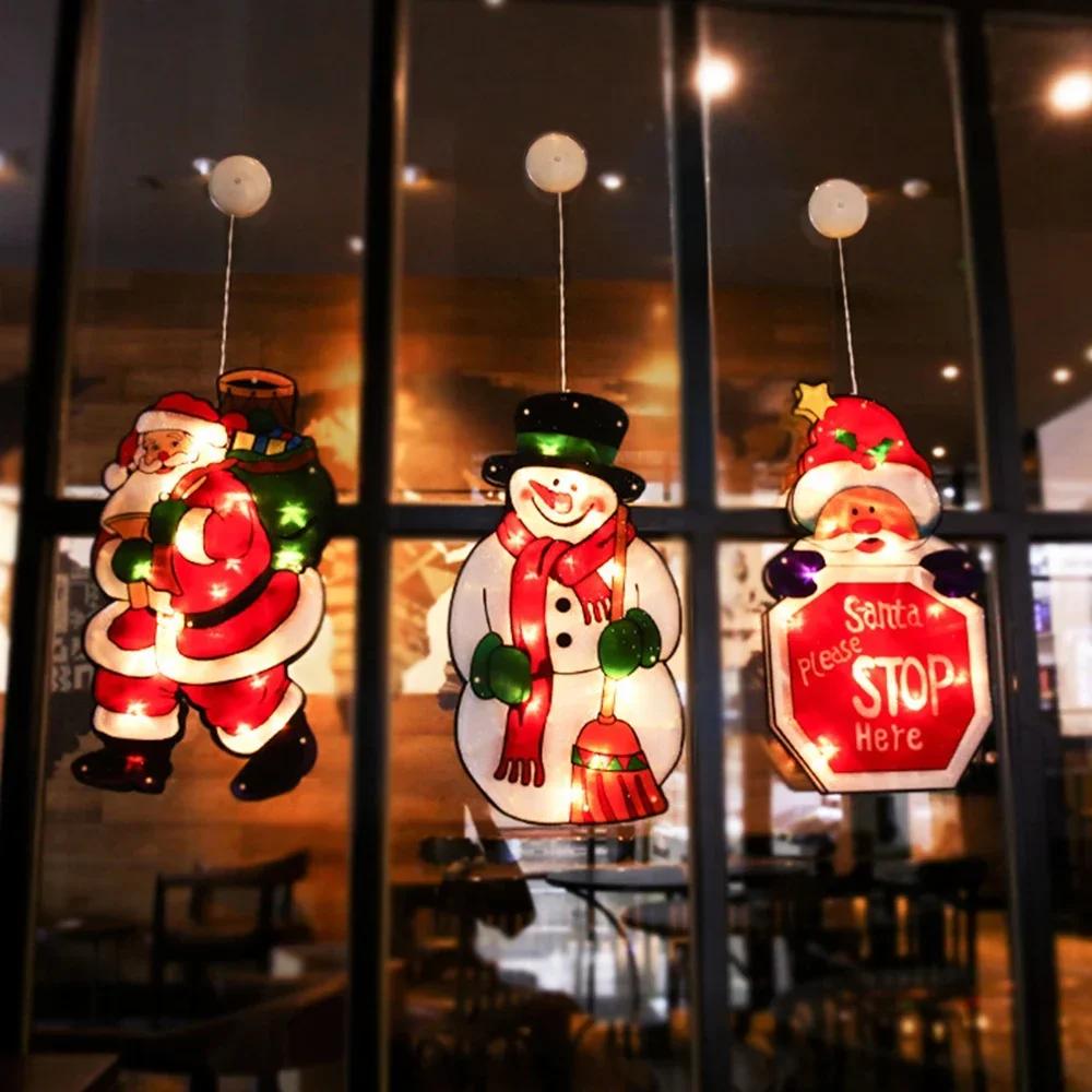 Christmas Santa Claus Snowman Suction Cup Window Hanging Lights Christmas Decoration for Home New Year LED Decorative Lights