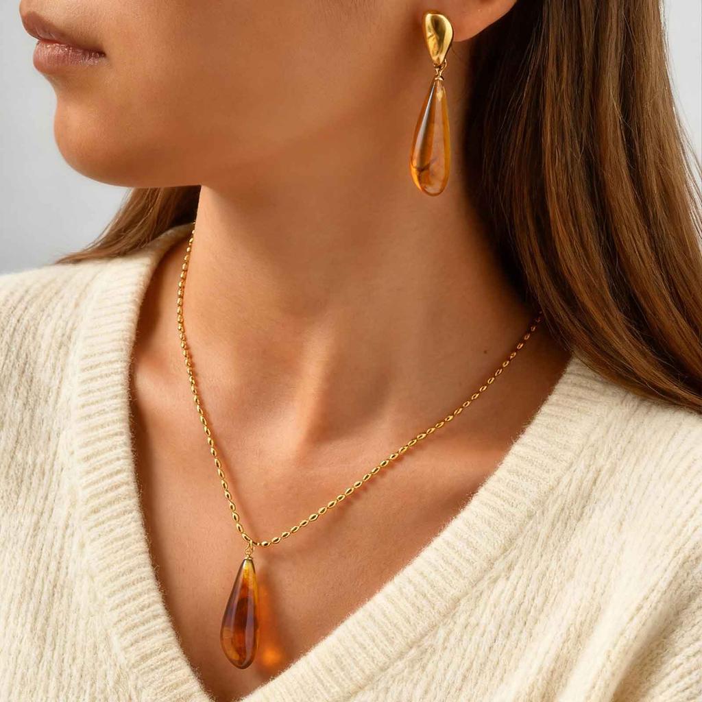 Transparent Water Drop Earrings for Women,Stainless Steel Amber Resin Stud Earrings,Gold Plated Waterproof Jewelry Gift