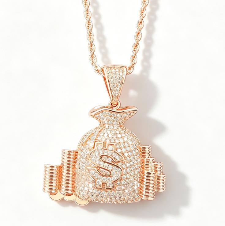 European and American Hip Hop Beauty Money Bag Necklace Copper Set Zircon Dollar Symbol Pendant Trendy Brand Personalized Men's Necklace Accessories
