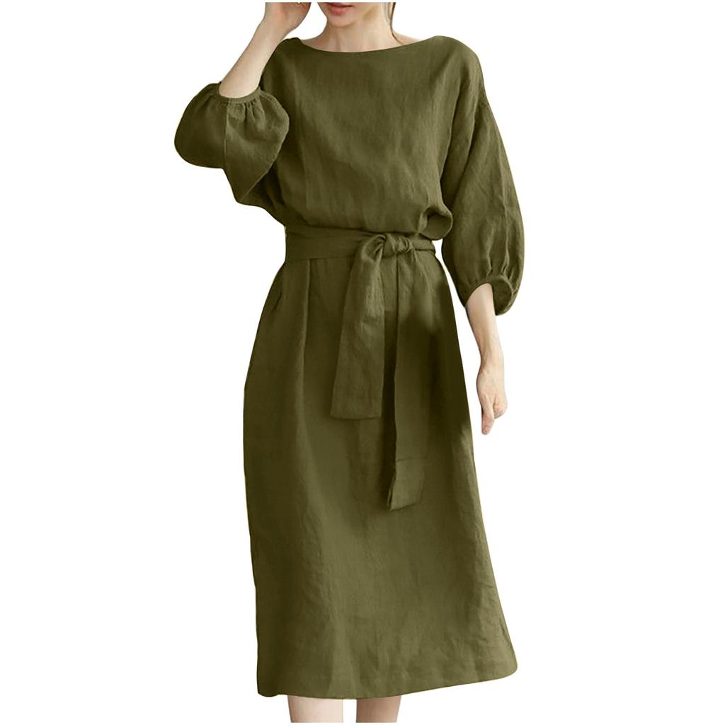 Deago Women's Casual Dresses 3/4 Sleeve Round Neck And Flare Midi Long Dress For Spring Summer Fall