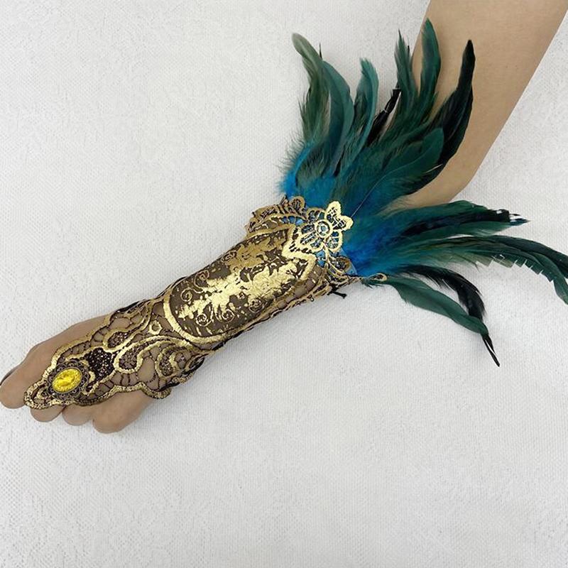 

Натуральное перо Золотое кружево Длинные перчатки Женские Вечерние Сексуальные перчатки без пальцев озеро синий