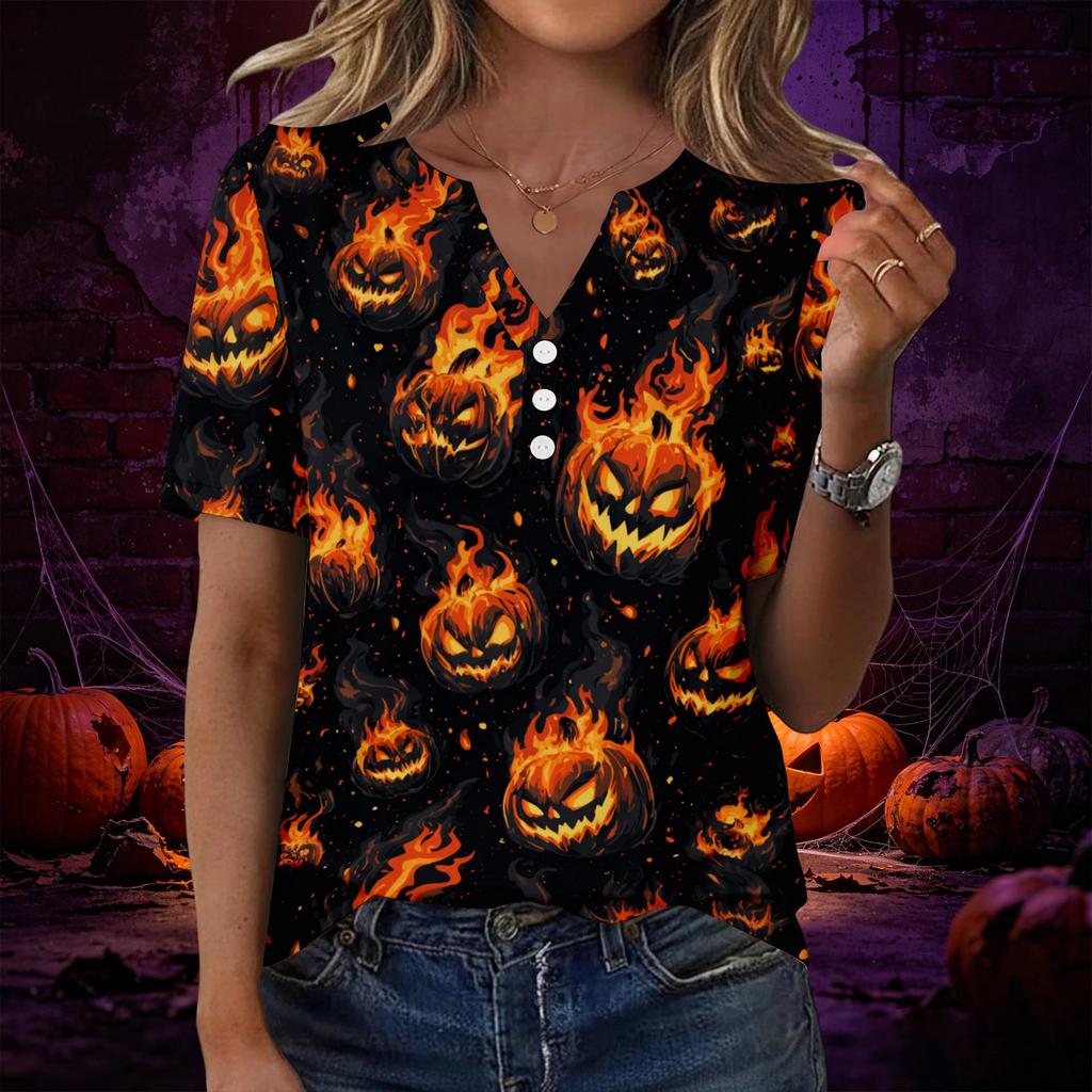Women V Neck Short Sleeve T Shirt with Decorative Buttons Halloween Print Casual Loose Fit Top for Everyday Wear