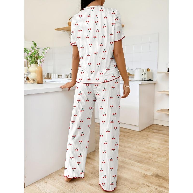 [Elegant Pajama] Comfy Elegant Women's Pajama Set | V-Neck Lace Trim, Short Sleeve Top & Long Pants, Red & White Cherry Print, Loungewear