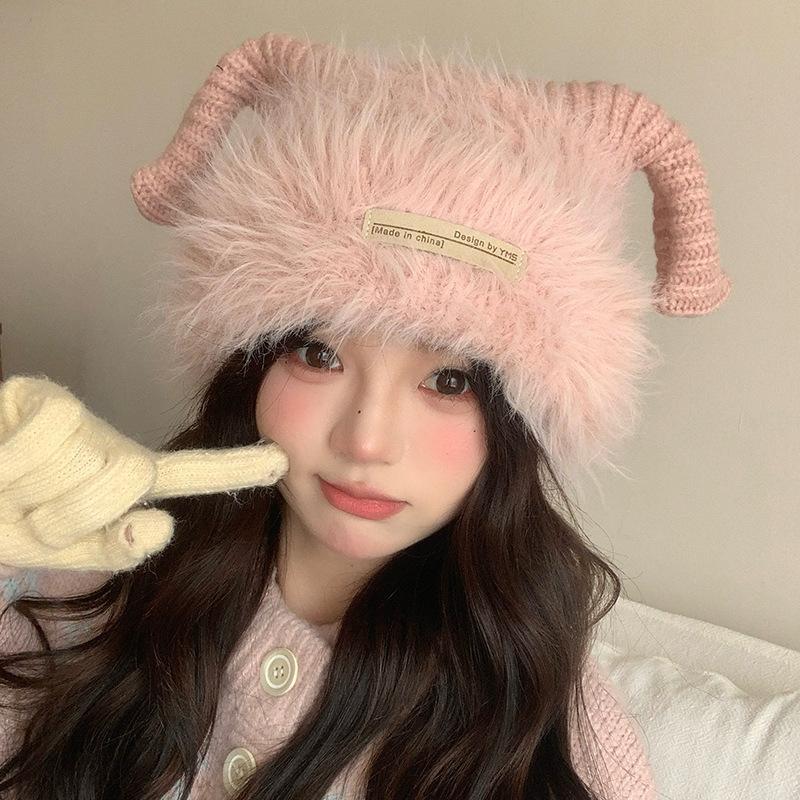 Plush Knitted Hat Autumn and Winter Korean Version Warm Ear Protection Cold Proof Woolen Hat Personalized Horn Big Head Cold Hat for Women