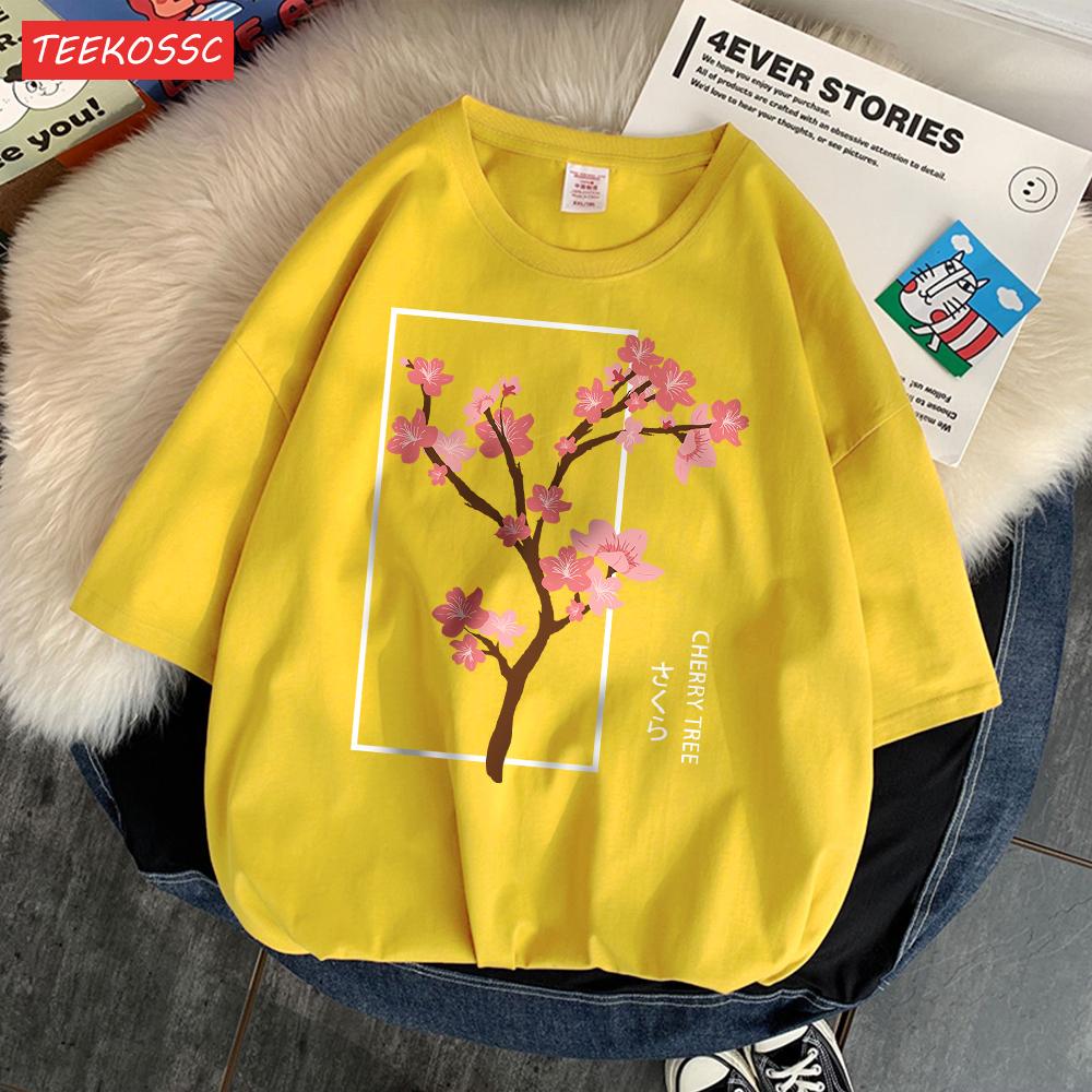 Cherry Tree In Full Bloom T-Shirt Men'S Shoulder Drop Retro T Shirts Fashion Originality Tshirt Normcore Loose Short Sleeved