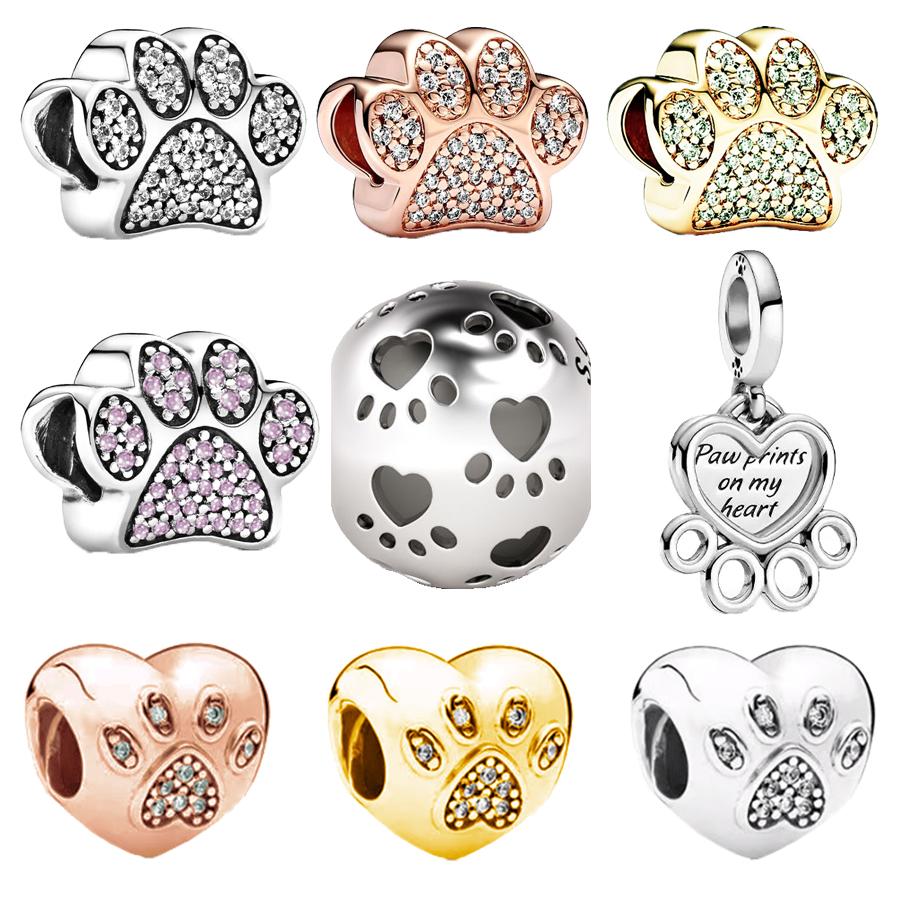 925 Gold Rosegold Rosa Pfotenabdruck Hund Charm Perle Anhänger für Silberarmband Halskette DIY Schmuck Geschenk
