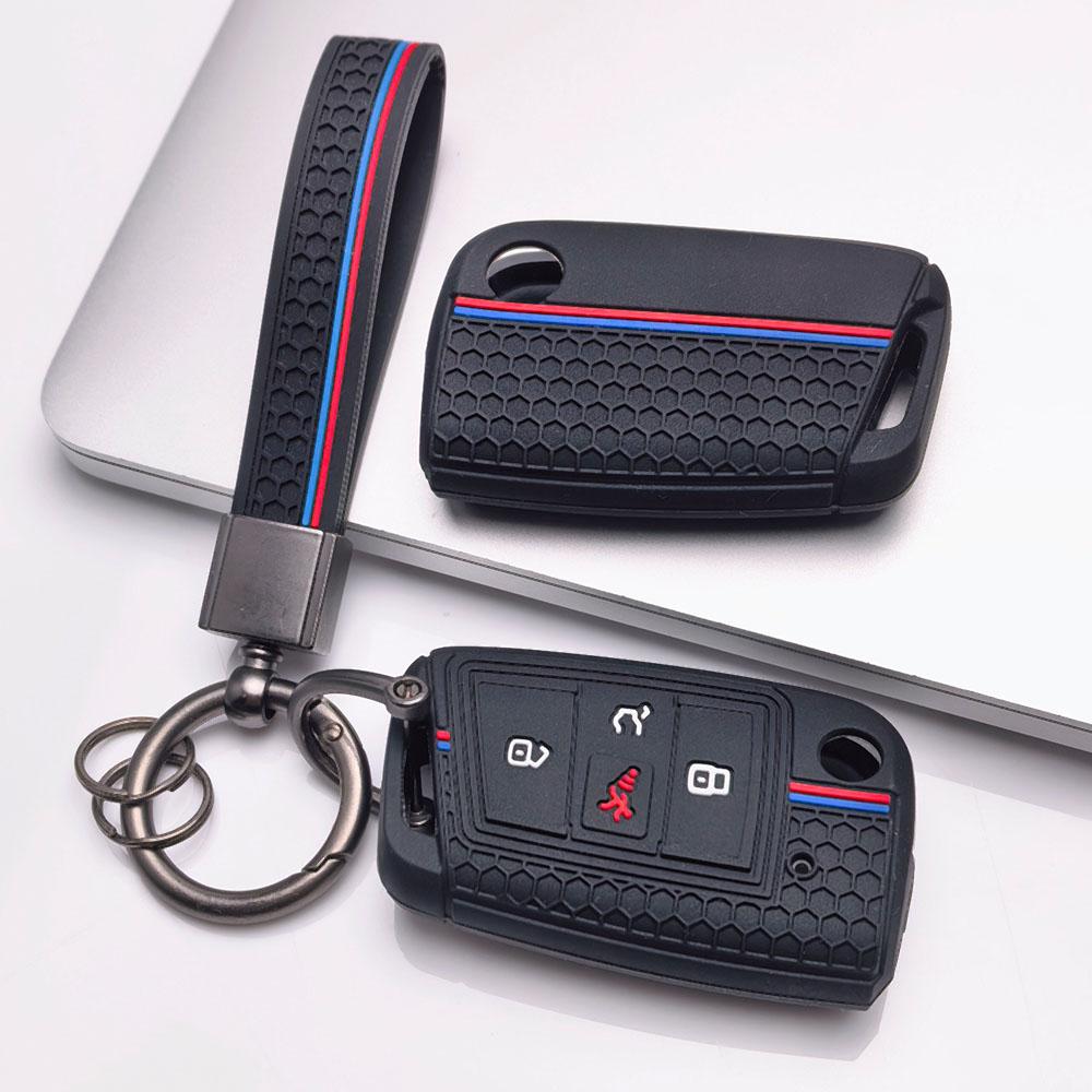 Silicone Key Fob Cover with Matching Keychain for Volkswagen Golf 7 MK7 Tiguan MK2 Touran L for Skoda Octavia, Fits Volkswagen Golf Tiguan Octavia A7