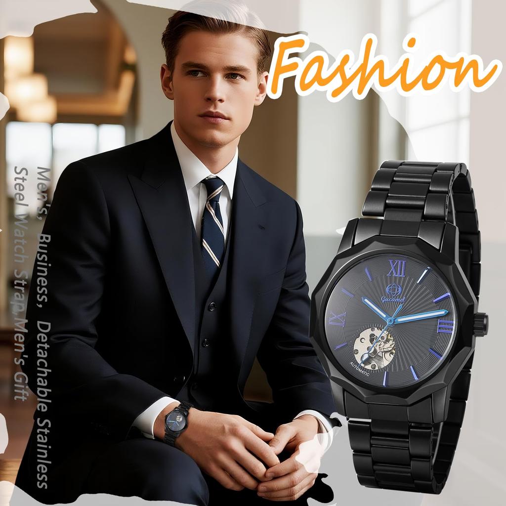 Men's Automatic Mechanical Watch Roman Analog Display Luminous Waterproof Stainless Steel Band Skeleton Watch Casual Business Silver Black -