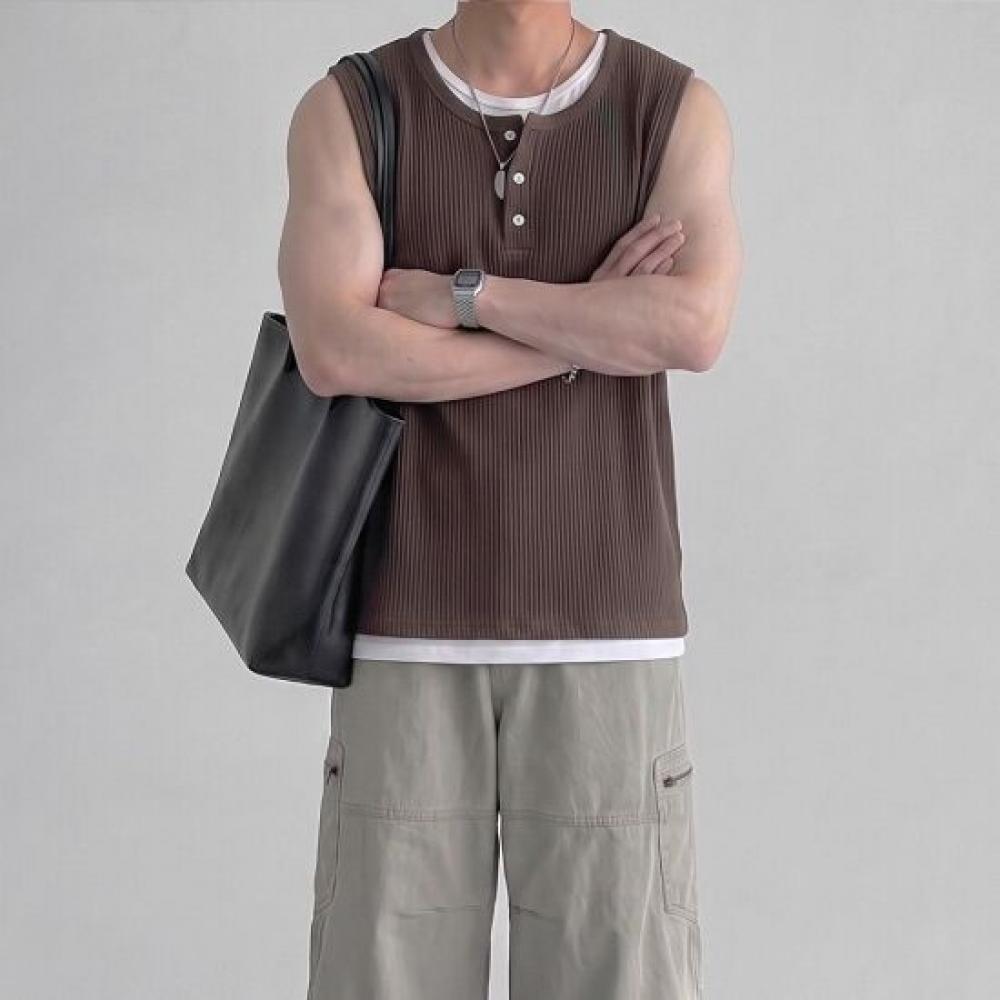 Onl Layered Henley Neck Tank Top Ribbed
