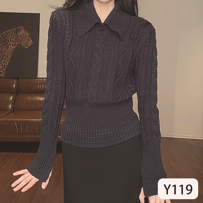 Elegant Style Beautiful Solid Color Lapel Long-sleeved Sweater Women s Autumn New Simple Slim Slim Shirt onesize