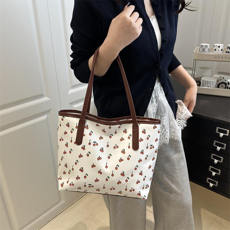 Fashion Design Sense Cute Cherry Print New Large Capacity Trend Personality I Portable Tote Bag Women