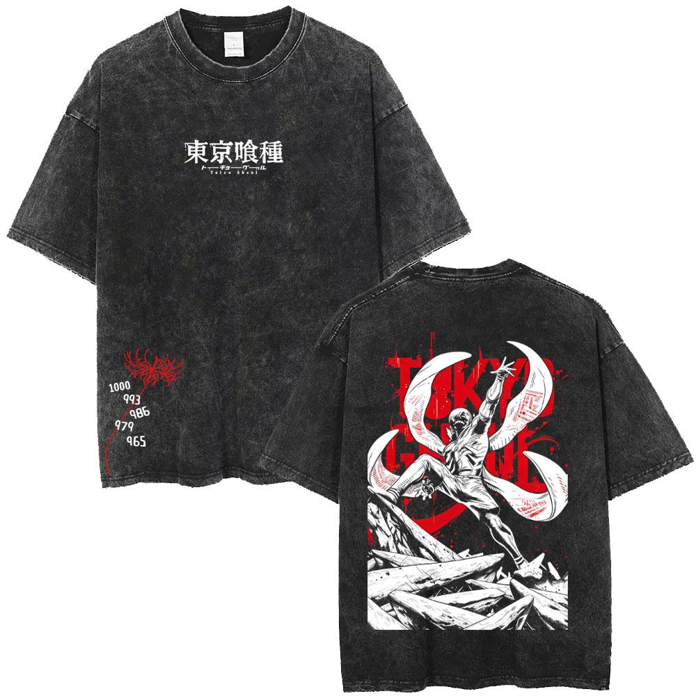 Anime Tokyo Ghoul Vintage Washed T-shirt Cartoon Kaneki Ken Graphic T Shirt Retro Manga Harajuku Oversized T-shirts Unisex