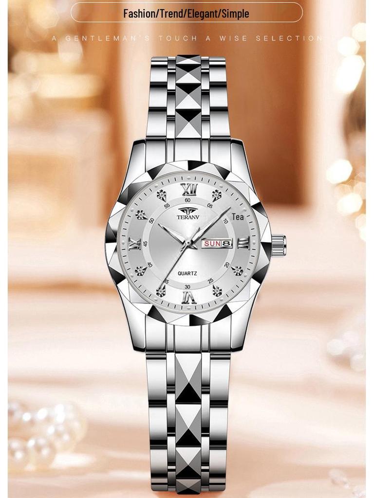Women's Luminous Diamond Pattern Waterproof Quartz Watch with Double Calendar and Solid Band.