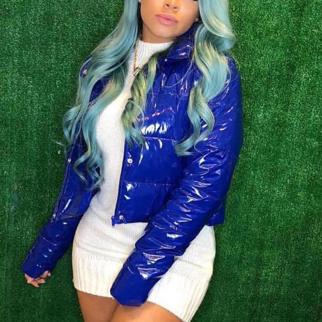 Women Fashion  Long Sleeve Glossy Leather Bread Down Jacket Zipper Pockets Coat