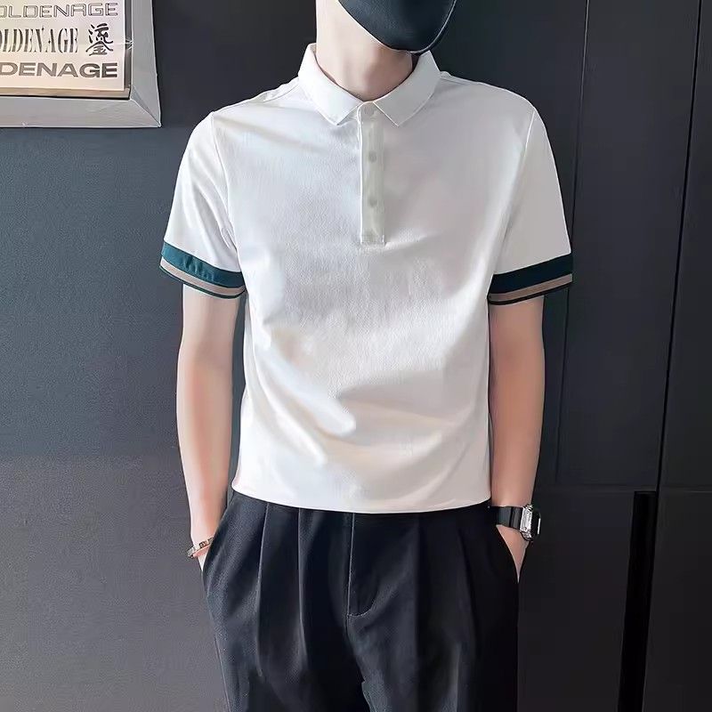 

Summer New Contrasting Colors Polo Shirts Fashion Spliced Men s Clothing Polo-Neck Button Business Casual Short Sleeve T-shirts L білий