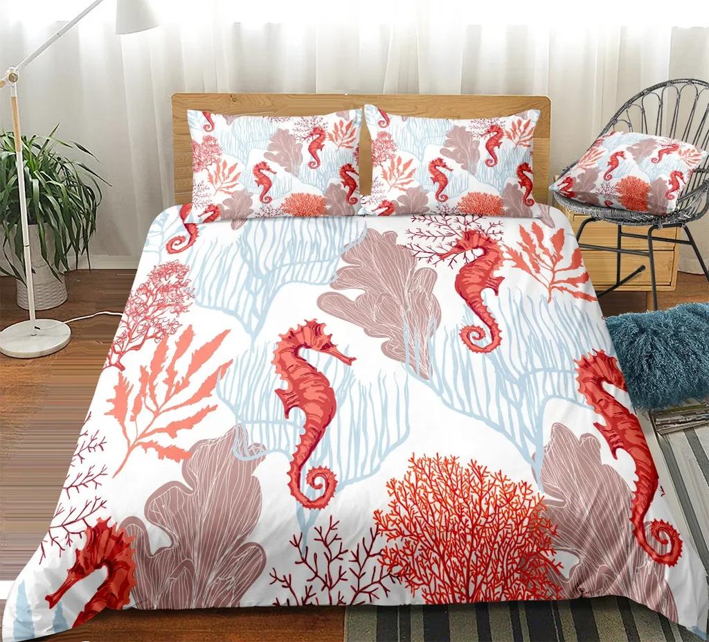 Ocean Animal Duvet Cover Set Coral Marine Life Home Textile Sea Urchin Soft Quilt Cover Cute Seahorse King Size Bedding