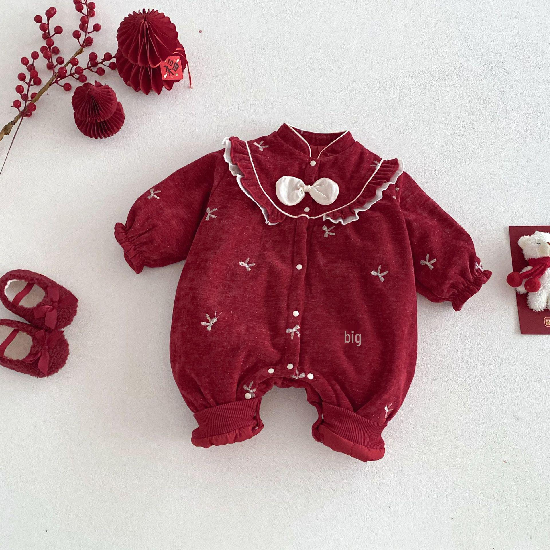 

2025 Baby s First Birthday Winter Romper - Super Cute Bow & Plush Velvet for Newborn Girls Size 90