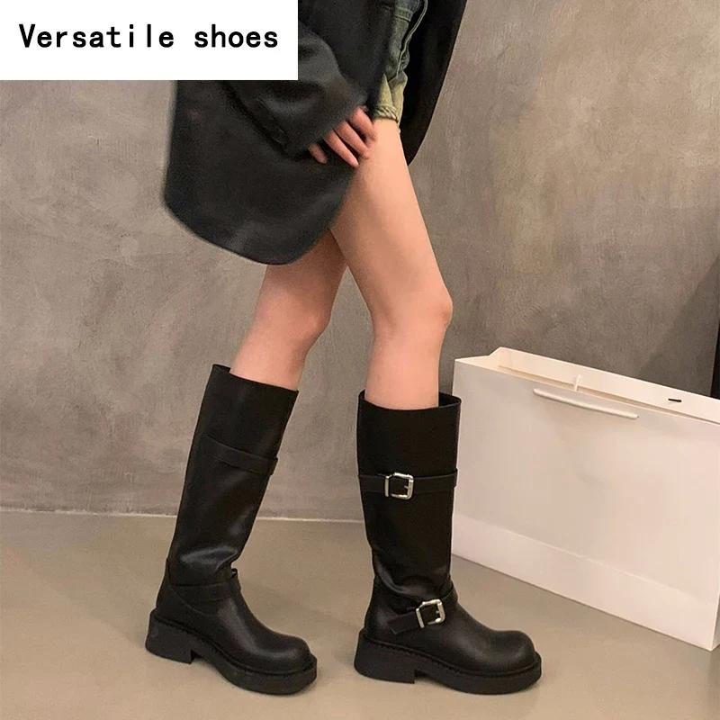 Winter Women Knee High Boots Fashion Belt Buckle Knight Long Booties Designer Square Heels Botas De Mujer