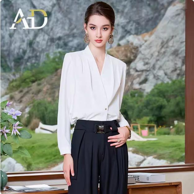 

Стильный комплект-двойка с длинным рукавом: французский белый топ и брюки палаццо для женщин L