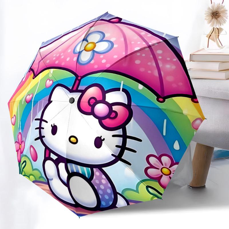 Rainbow Hello Kitty Automatic Folding Umbrella with Sturdy Iron Frame, Portable Compact Travel Umbrella All-Season Use Parties011
