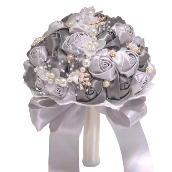 Lightweight Handheld Wedding Flowers Artificial Silk Rose Bridal Bouquet with Chiffon Ribbon, Toss for Ceremony, Vintage Style Floral Keepsake