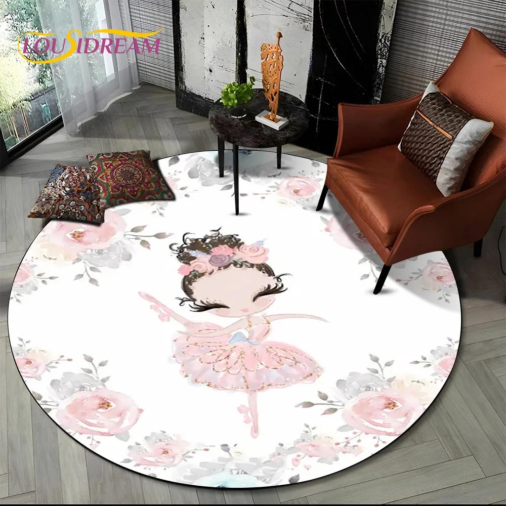 Ballet Girl Cartoon Flower Fairy Ballerina Round Carpet Rug for Living Room Bedroom Child Decor,Pet Area Rug Non-slip Floor Mat