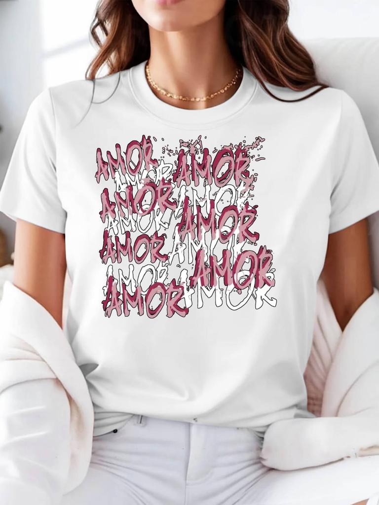 Casual Unisexs Tshirt Amor Letter Print Round Neck Short Sleeve Lightweight Comfortable For Daily Female Tshirt Tops Tee