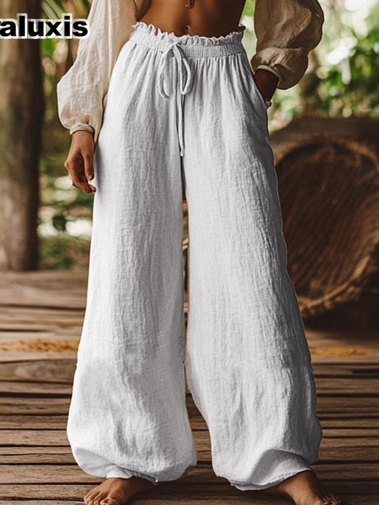 Autumn New Women's Pants Solid Color Fashion Casual Loose Bohemian Pocket Drawstring Elastic Waist Wide Leg Pants