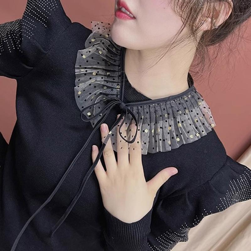Women Elegant Dots Sheer Organza Mesh Ruffled False Collar Detachable Shawl Scarf Capelet for Sweater Dresses