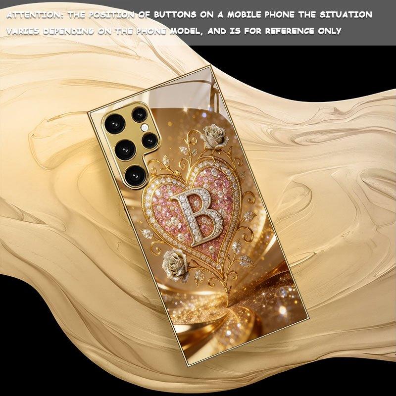 gold-plated phone compatible with Samsung Galaxy S26 S25 S24 S23 S22 Ultra Plus. made  tempered glass decorated heart pattern